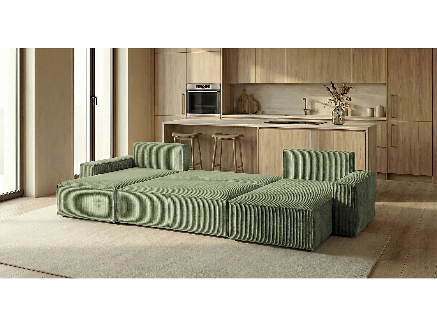 Canapé d'angle CALIFORNIA MINI en U vert clair velours côtelé Poso 47 - fonction couchage, coffre à literie