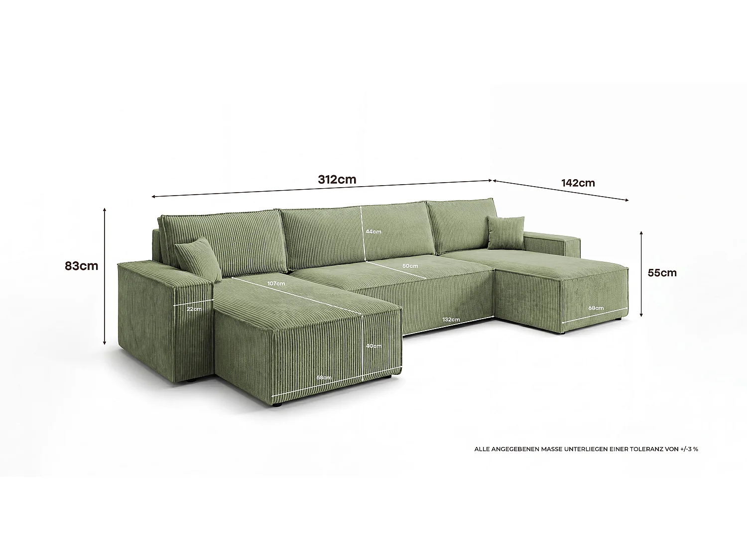 Canapé d'angle CALIFORNIA MINI en U vert clair velours côtelé Poso 47 - fonction couchage, coffre à literie