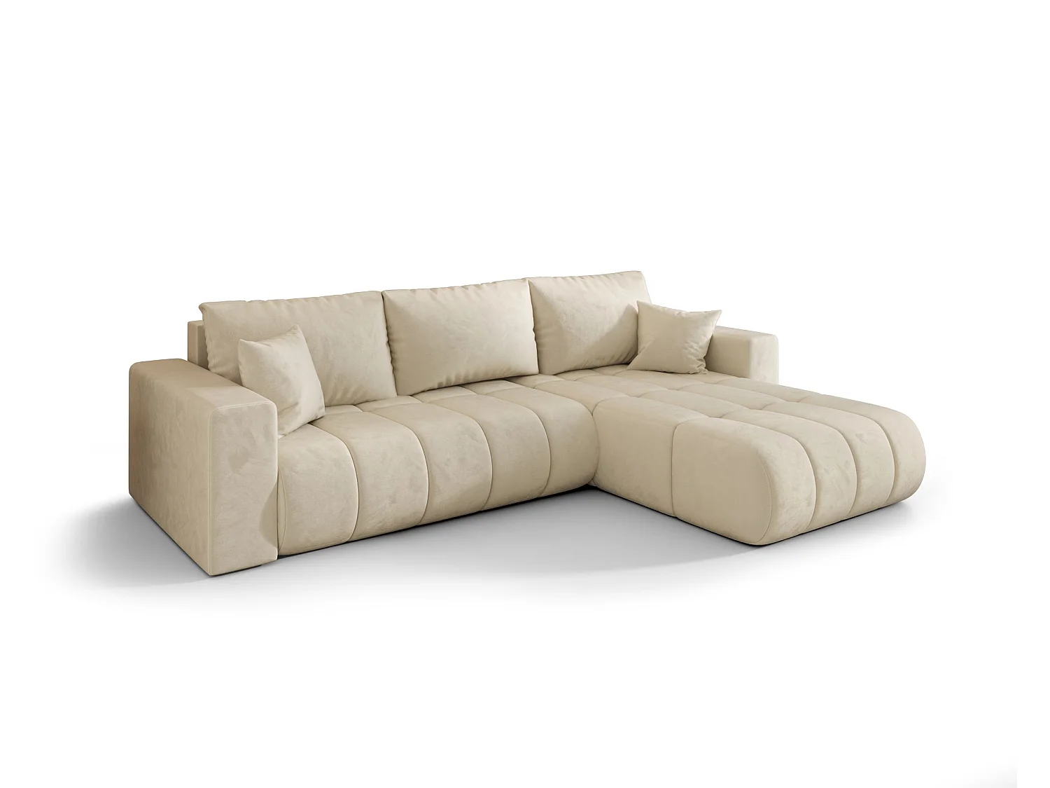 Canapé d'angle LARA PREMIUM droit beige velours Monolith 2 - fonction couchage, coffre à literie