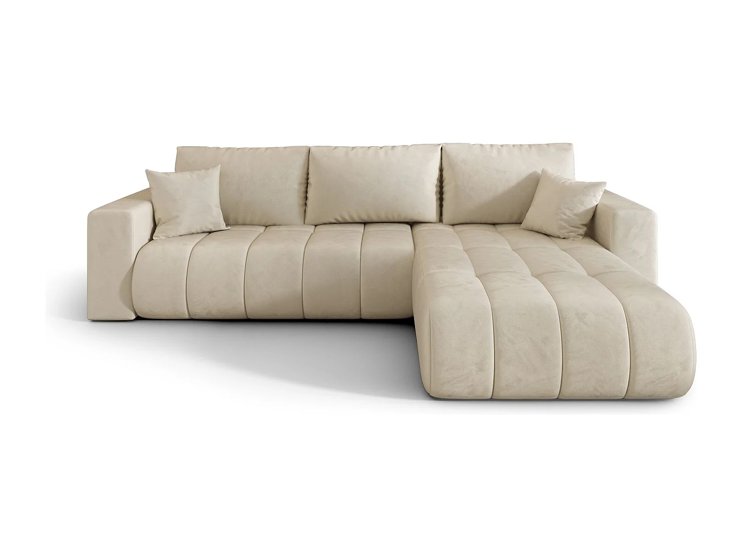 Canapé d'angle LARA PREMIUM droit beige velours Monolith 2 - fonction couchage, coffre à literie