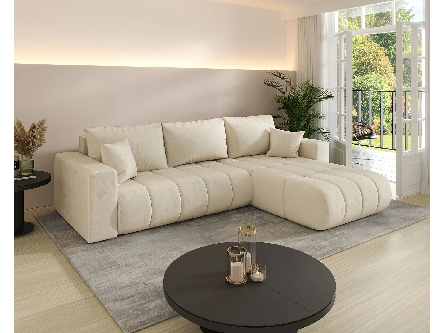 Canapé d'angle LARA PREMIUM droit beige velours Monolith 2 - fonction couchage, coffre à literie