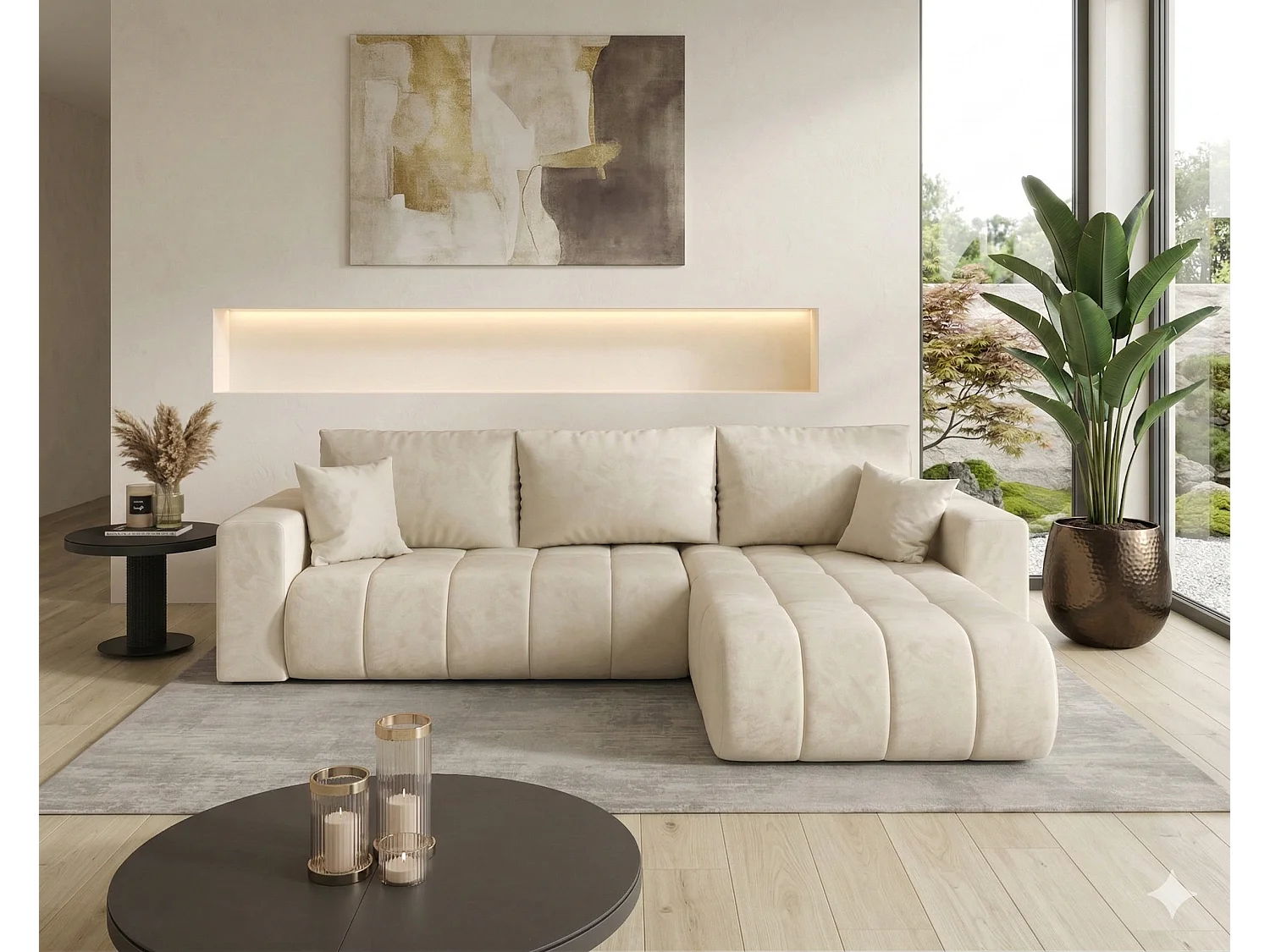 ORIA converteerbare fluwelen hoekbank met opbergruimte-Beige-juiste hoek