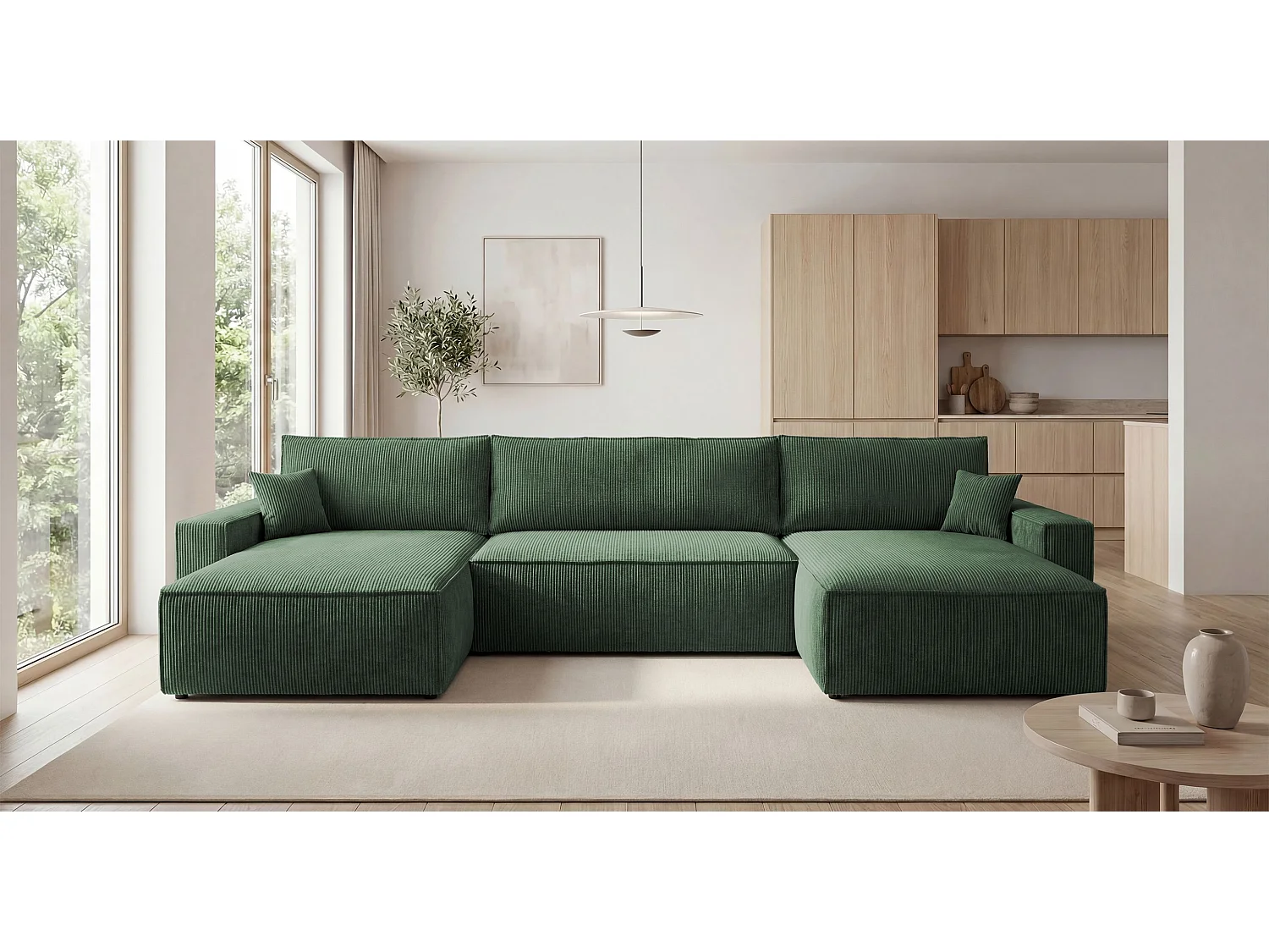 Canapé d'angle VIENNA en U vert velours côtelé Poso 14 - fonction couchage, coffre à literie