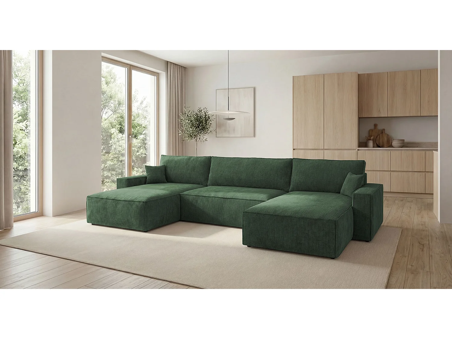 Canapé d'angle VIENNA en U vert velours côtelé Poso 14 - fonction couchage, coffre à literie