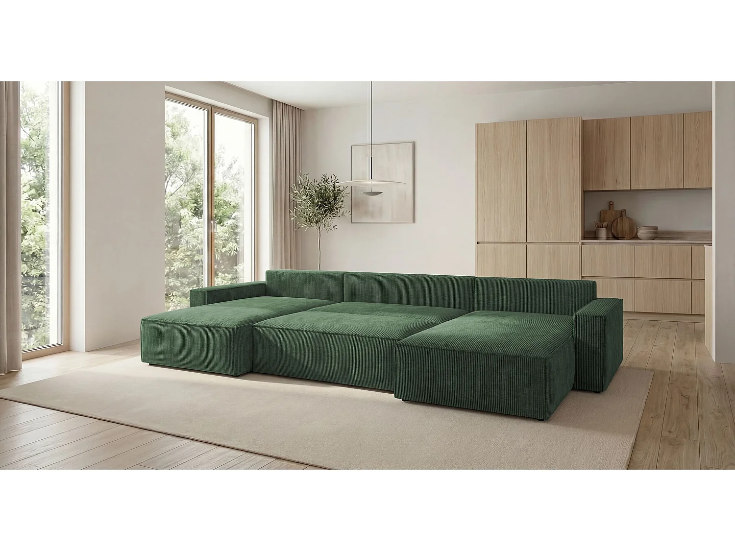 Canapé d'angle VIENNA en U vert velours côtelé Poso 14 - fonction couchage, coffre à literie