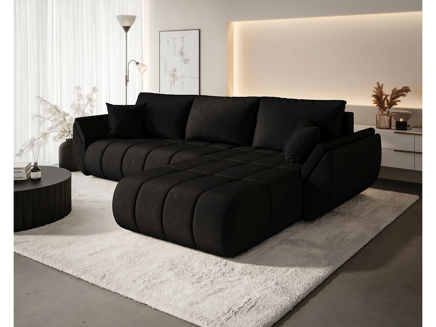 Canapé d'angle SYDNEY PREMIUM droit noir velours Monolith 97 - fonction couchage, coffre à literie