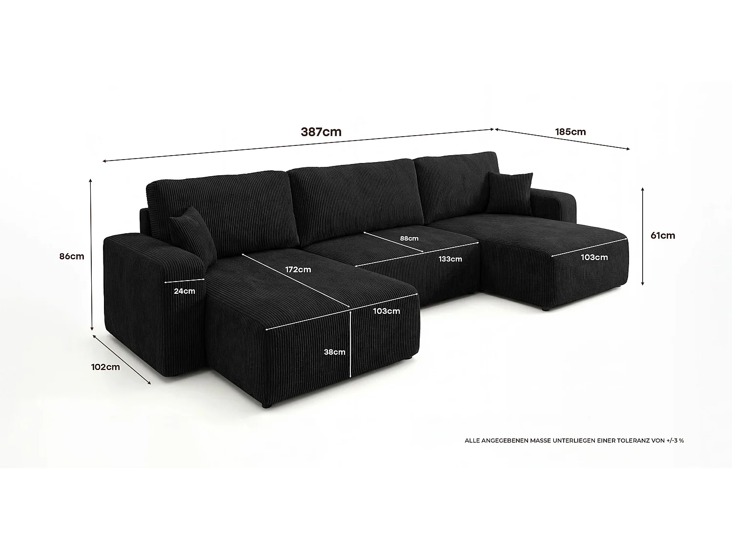 Canapé d'angle BERLIN en U noir velours côtelé Poso 135 - fonction couchage, coffre à literie