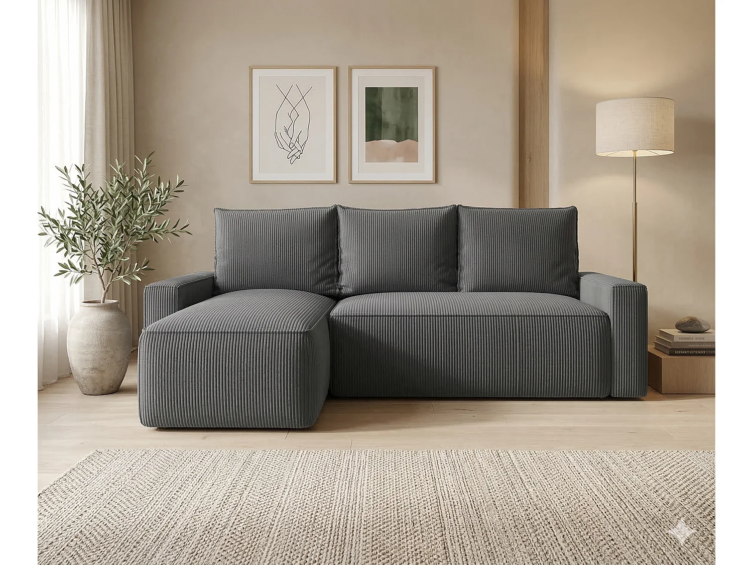 Canapé d’angle velours chenille convertible avec coffre NORE-Gris foncé-angle gauche