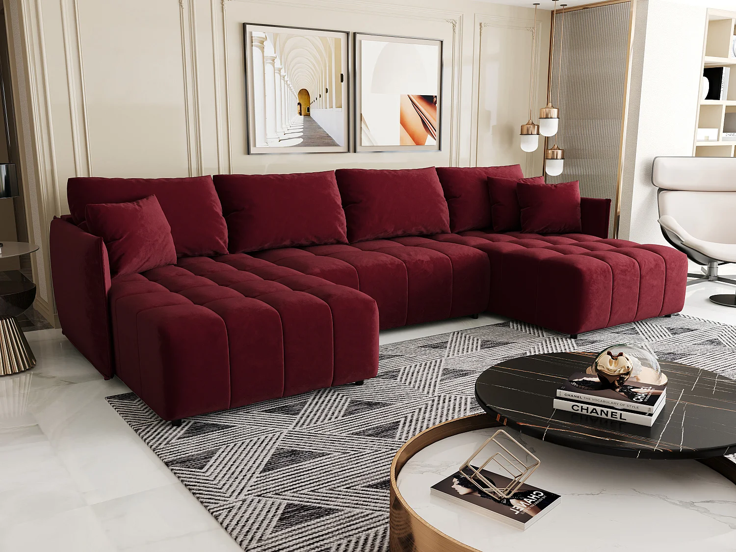 Canapé d'angle CHICAGO en U rouge velours Monolith 59 - fonction couchage, coffre à literie