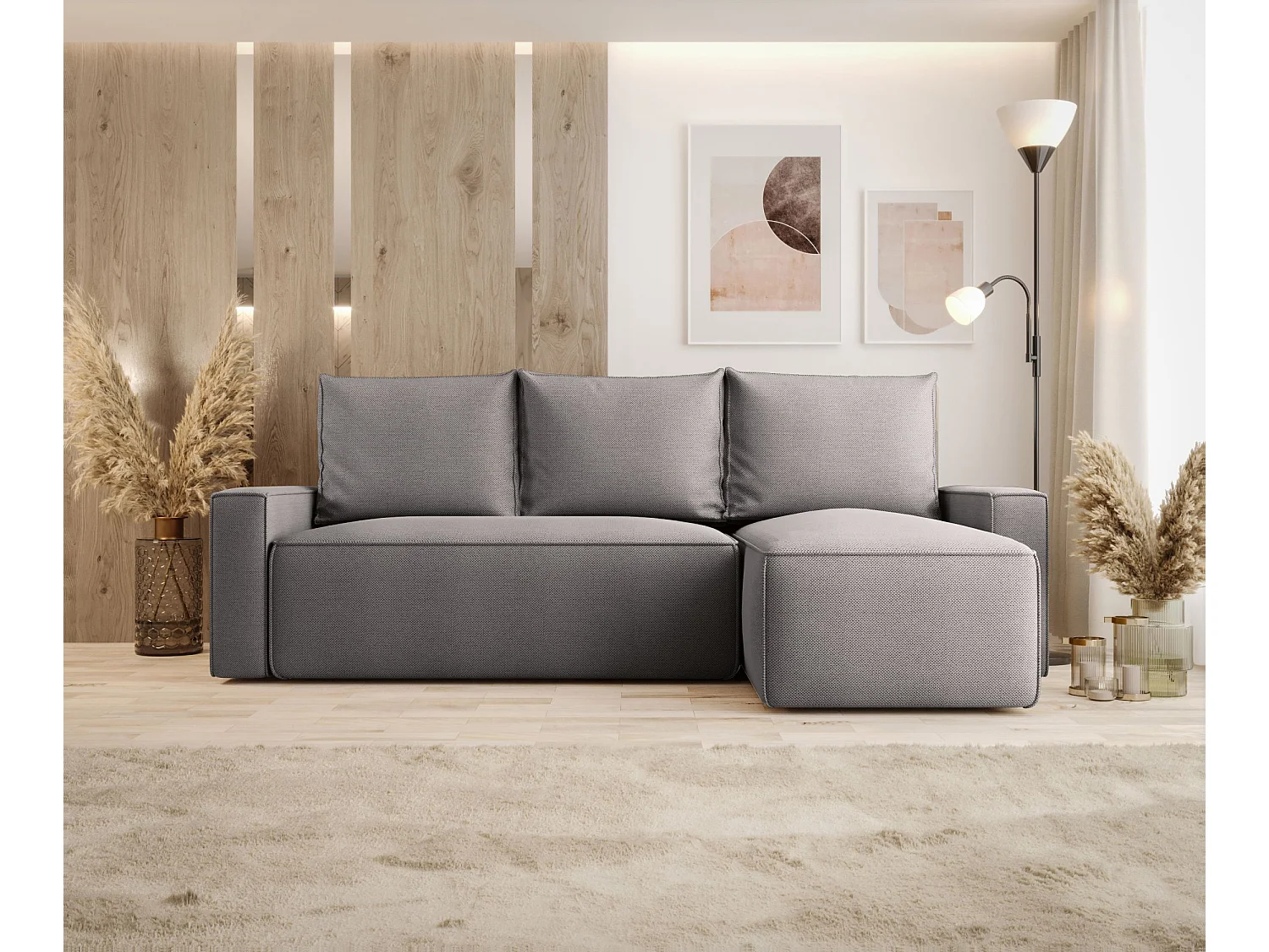 Canapé d'angle HAVANA droit gris tricot Curio 83 - fonction couchage, coffre à literie