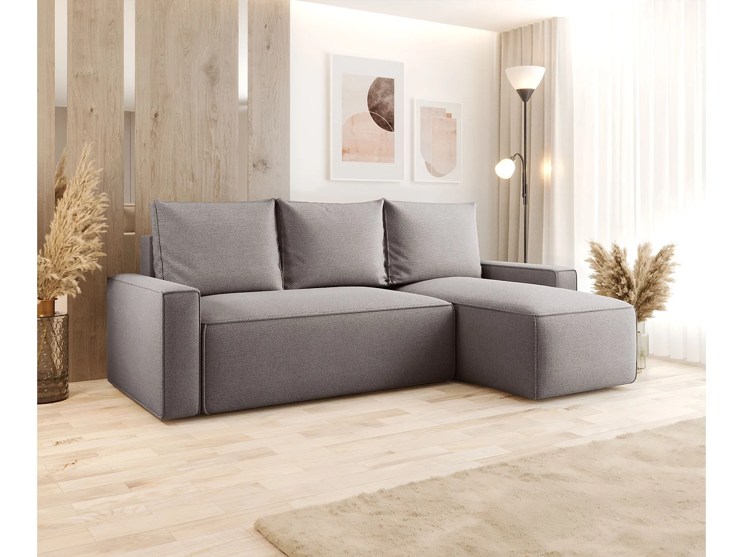 Canapé d'angle HAVANA droit gris tricot Curio 83 - fonction couchage, coffre à literie