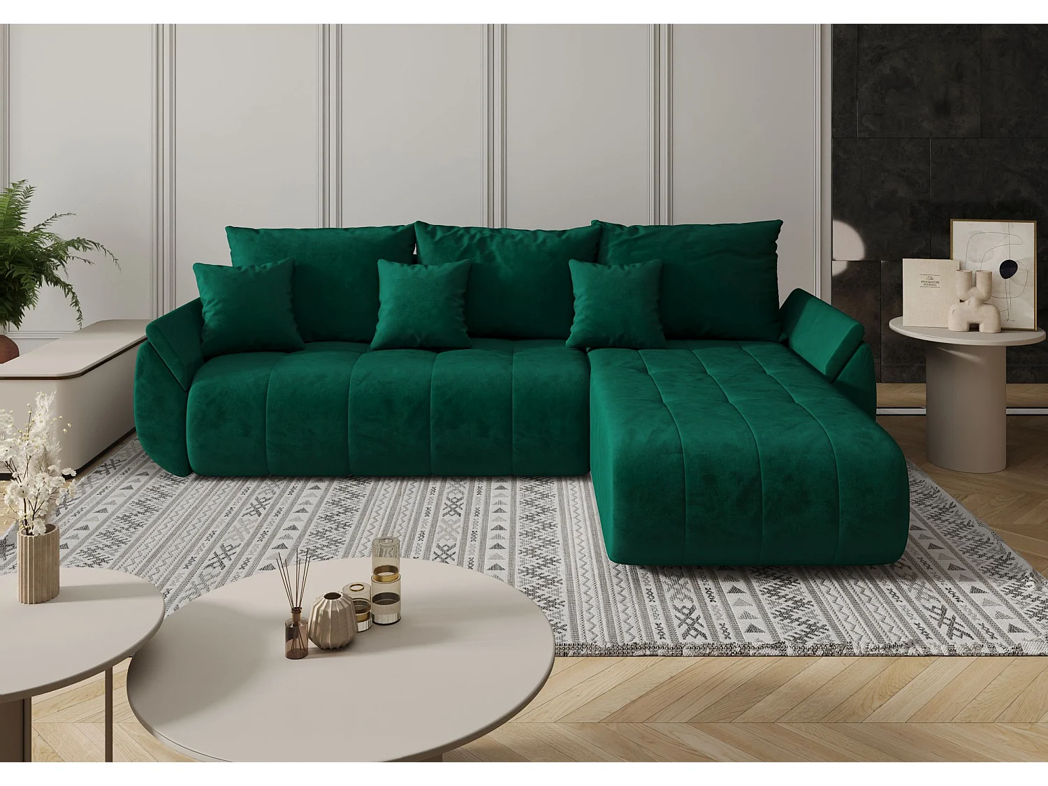 Canapé d'angle SYDNEY droit vert velours Monolith 37 - fonction couchage, coffre à literie