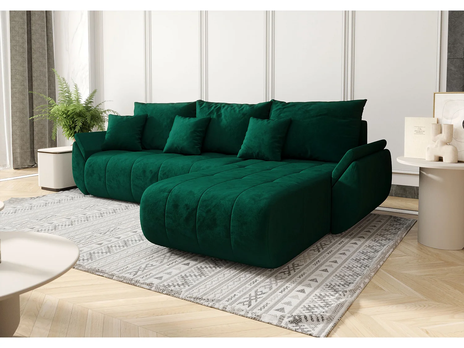 Canapé d'angle SYDNEY droit vert velours Monolith 37 - fonction couchage, coffre à literie