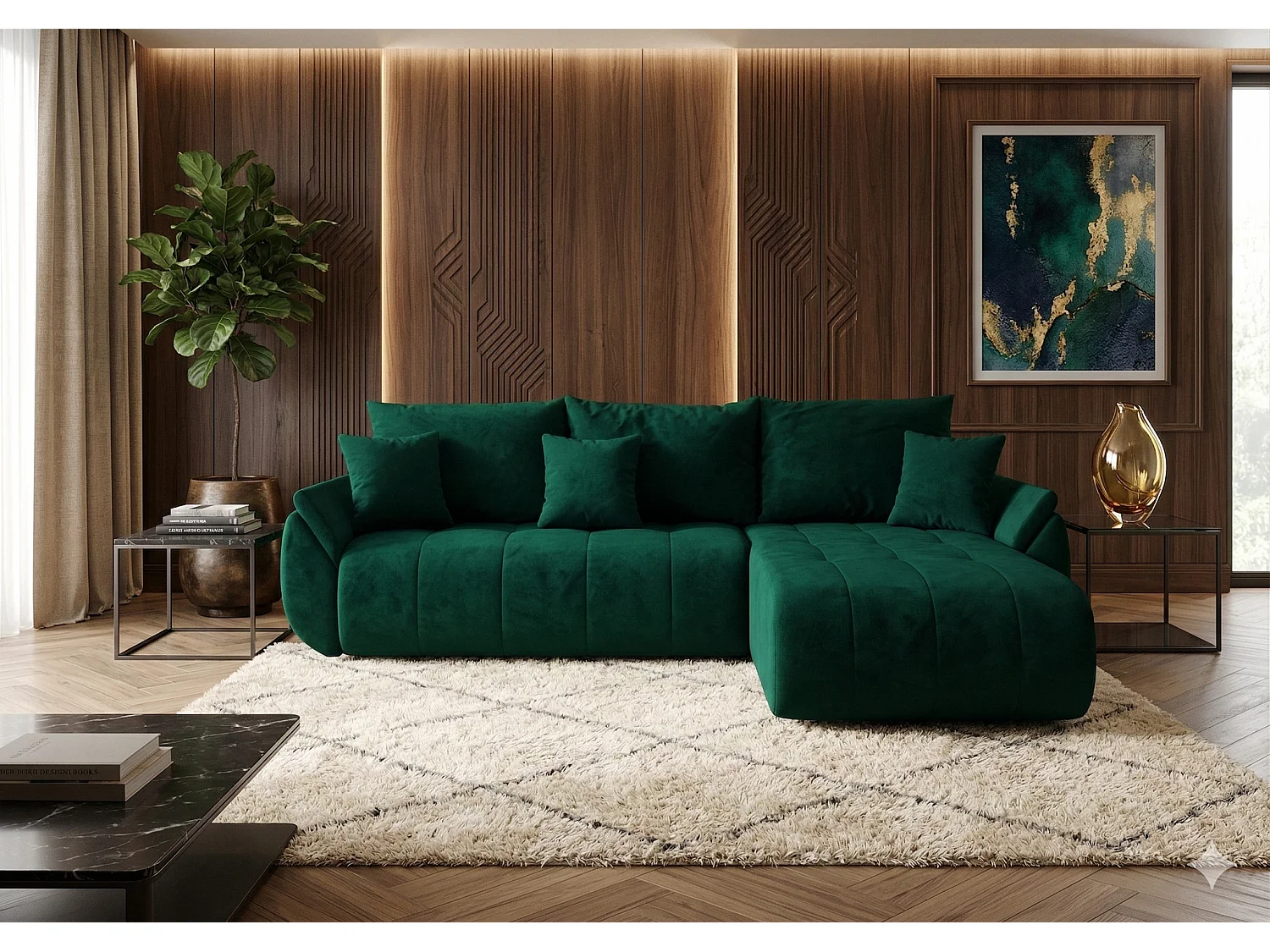 Canapé d’angle velours beige convertible avec coffre NOVA-Vert foncé-angle droit