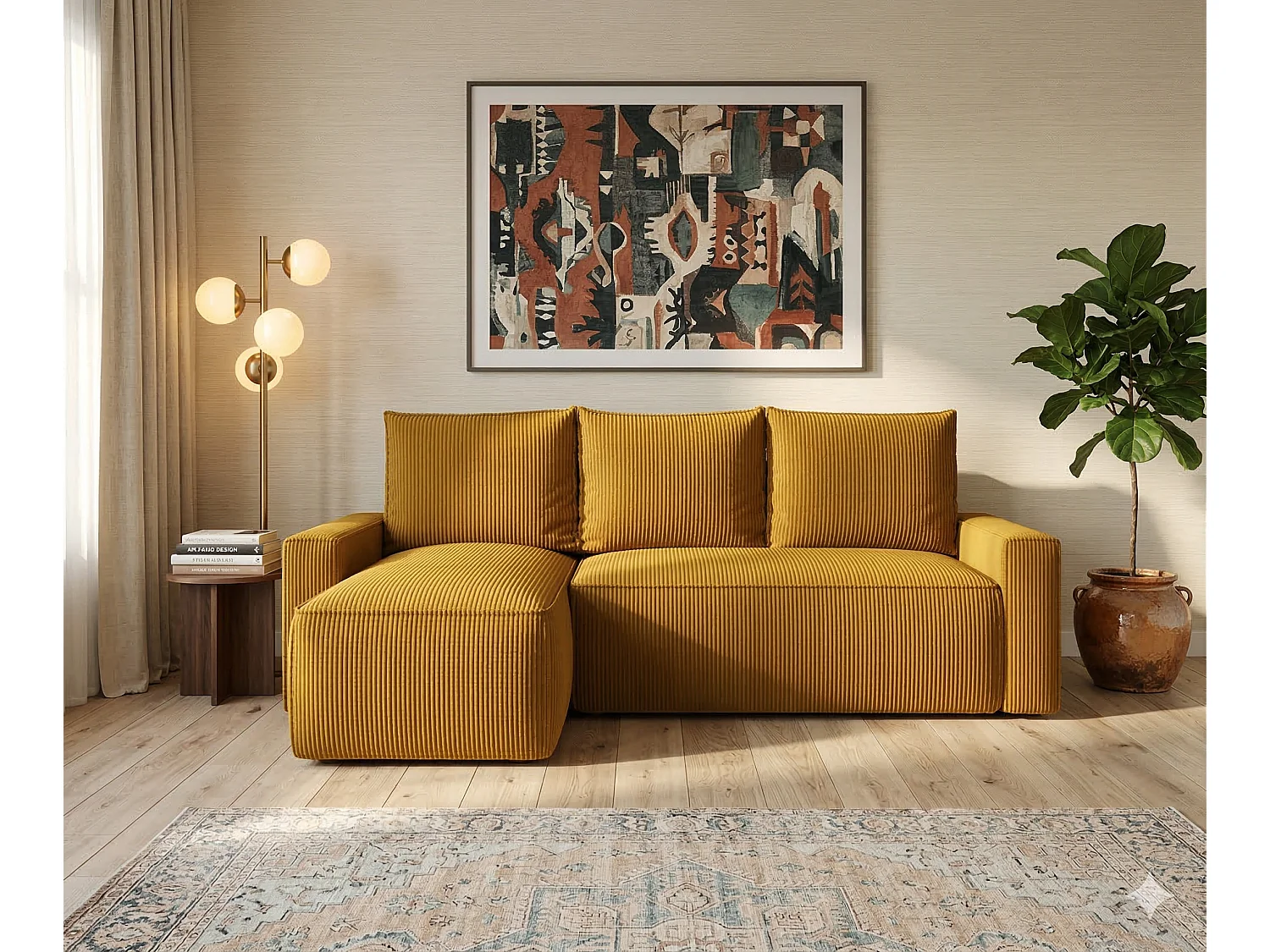 Canapé d’angle velours chenille convertible avec coffre NORE-Jaune-angle gauche