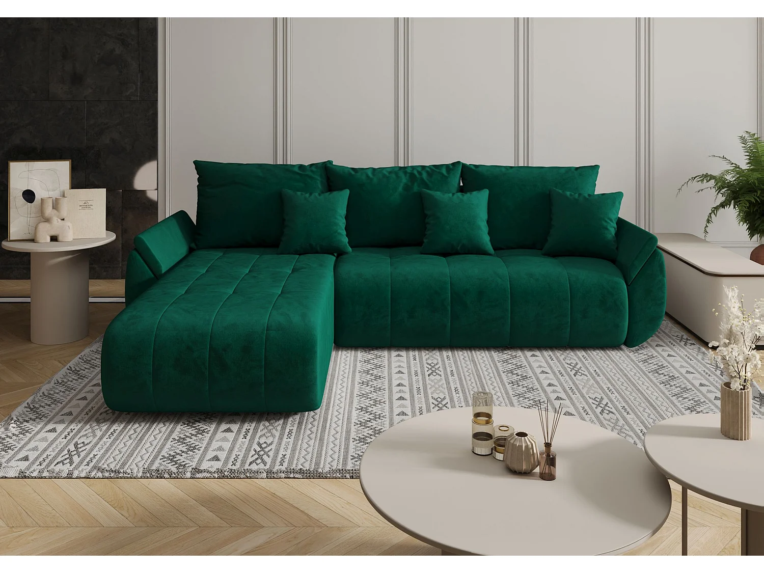 Canapé d'angle SYDNEY gauche vert velours Monolith 37 - fonction couchage, coffre à literie
