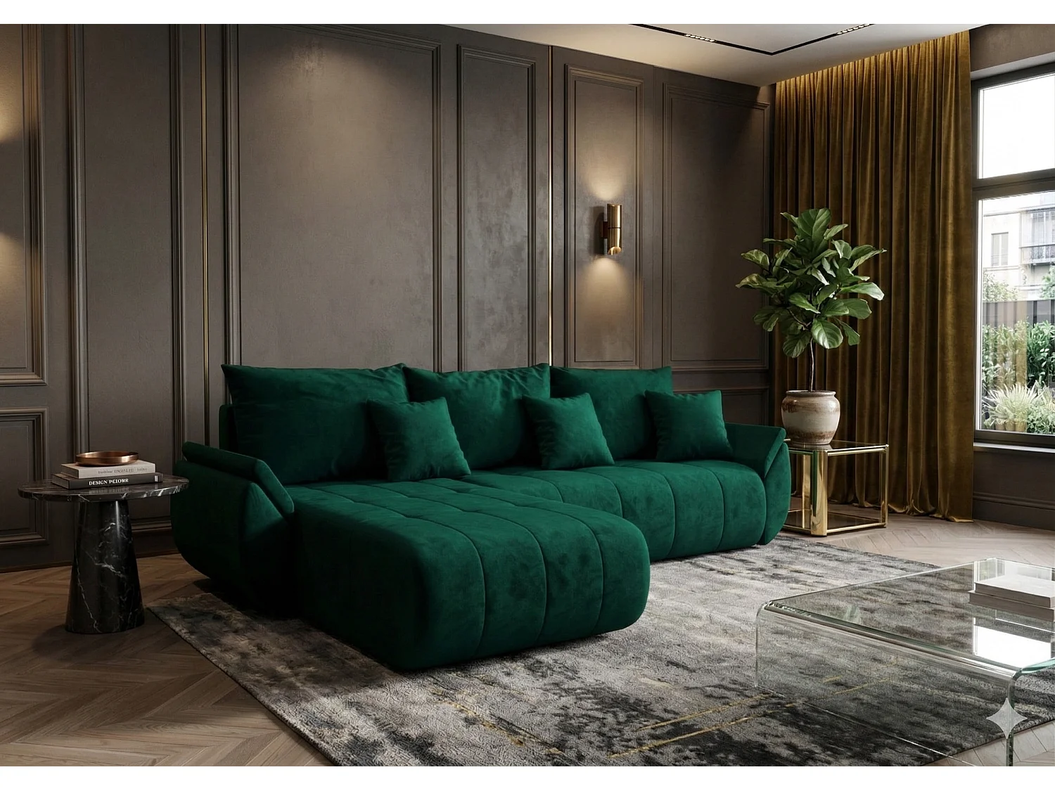 Canapé d’angle velours beige convertible avec coffre NOVA-Vert foncé-angle gauche