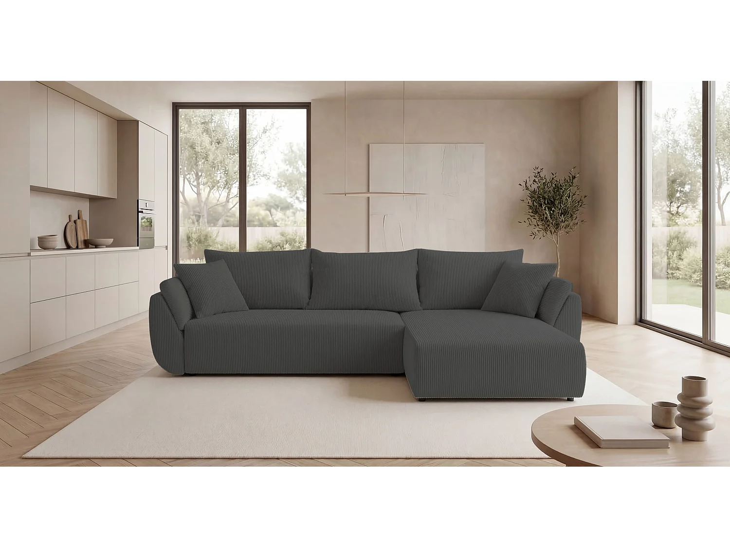 Canapé d'angle SYDNEY droit gris foncé velours côtelé Poso 60 - fonction couchage, coffre à literie