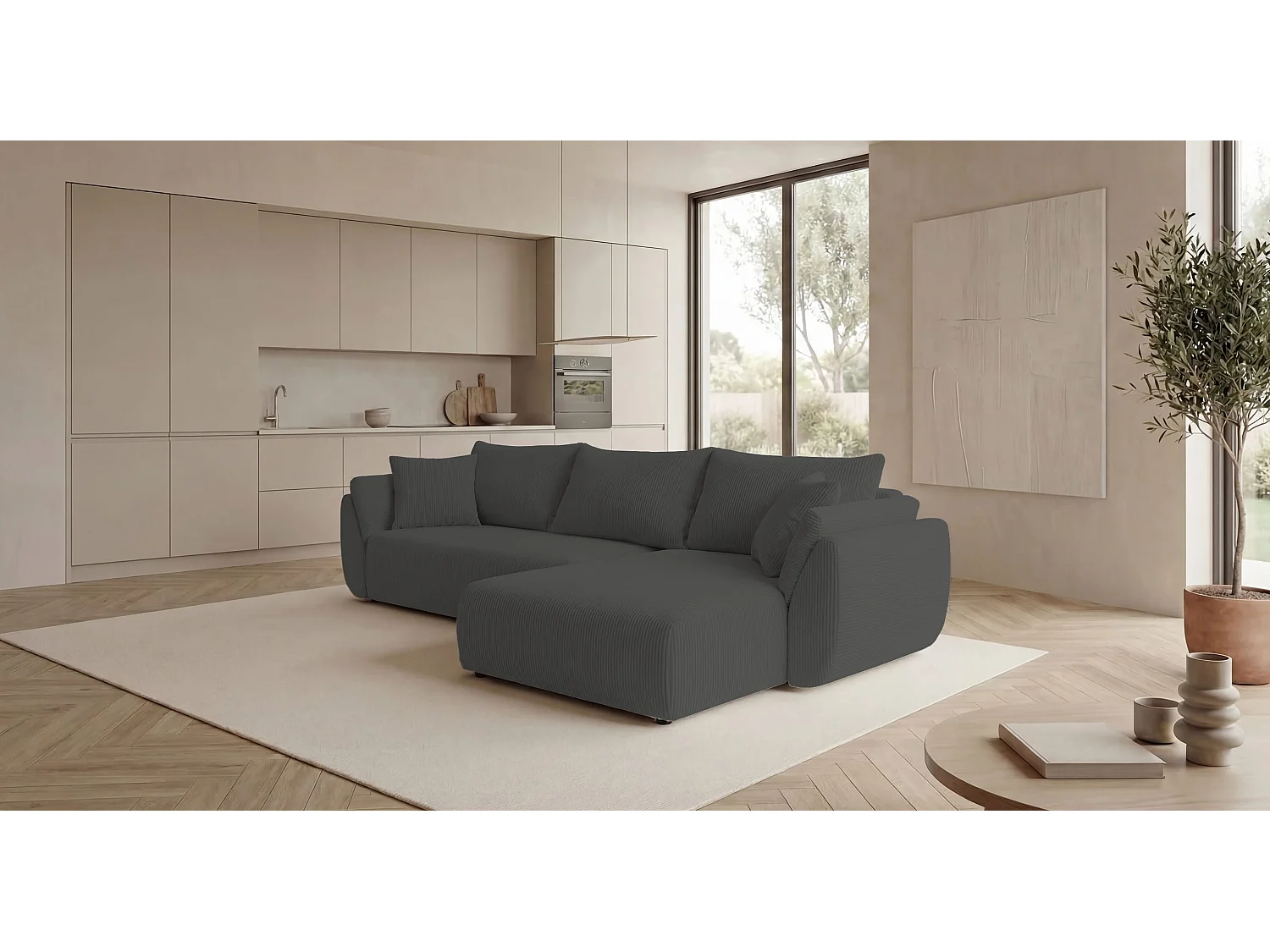 Canapé d'angle SYDNEY droit gris foncé velours côtelé Poso 60 - fonction couchage, coffre à literie