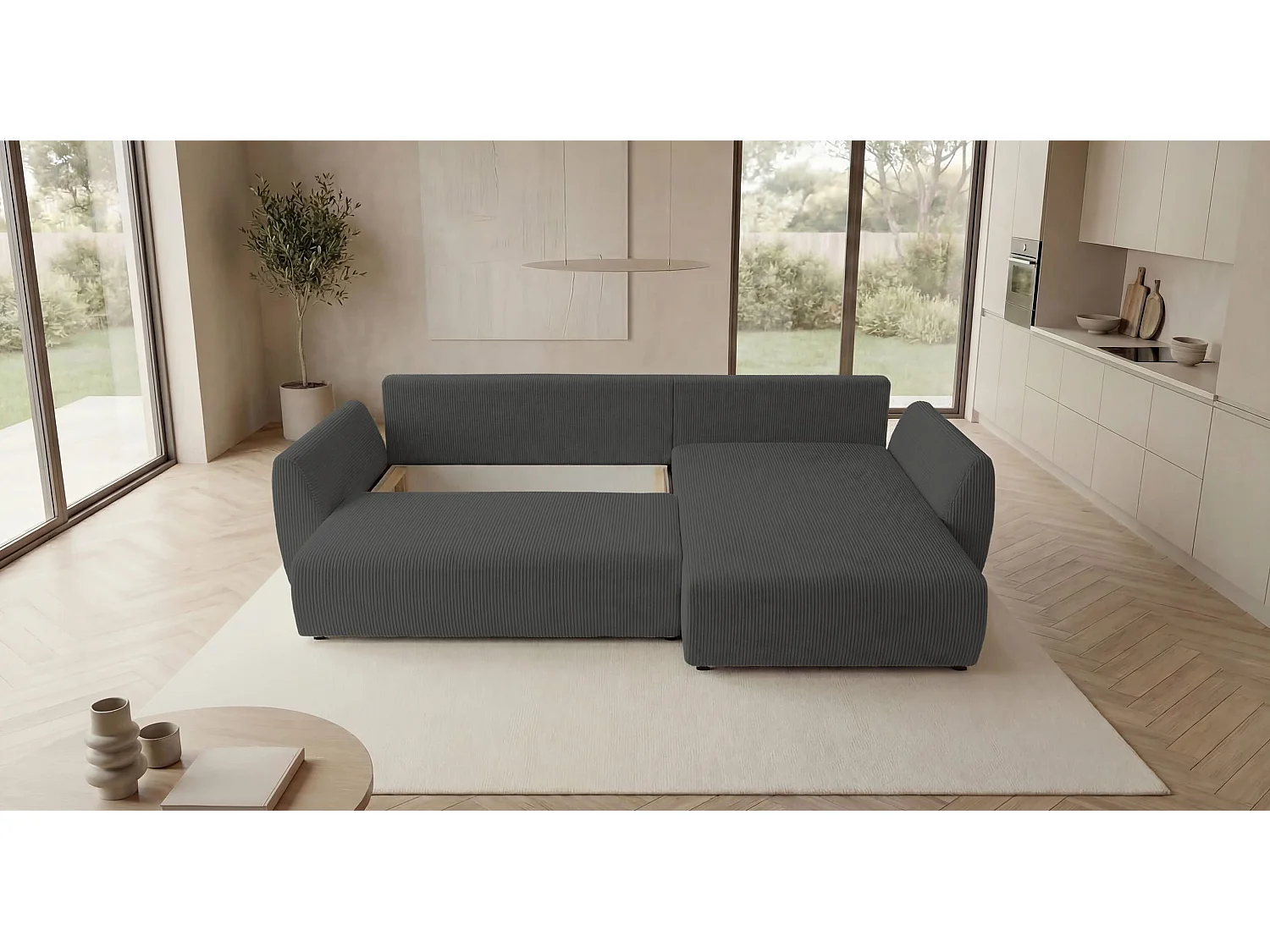 Canapé d'angle SYDNEY droit gris foncé velours côtelé Poso 60 - fonction couchage, coffre à literie