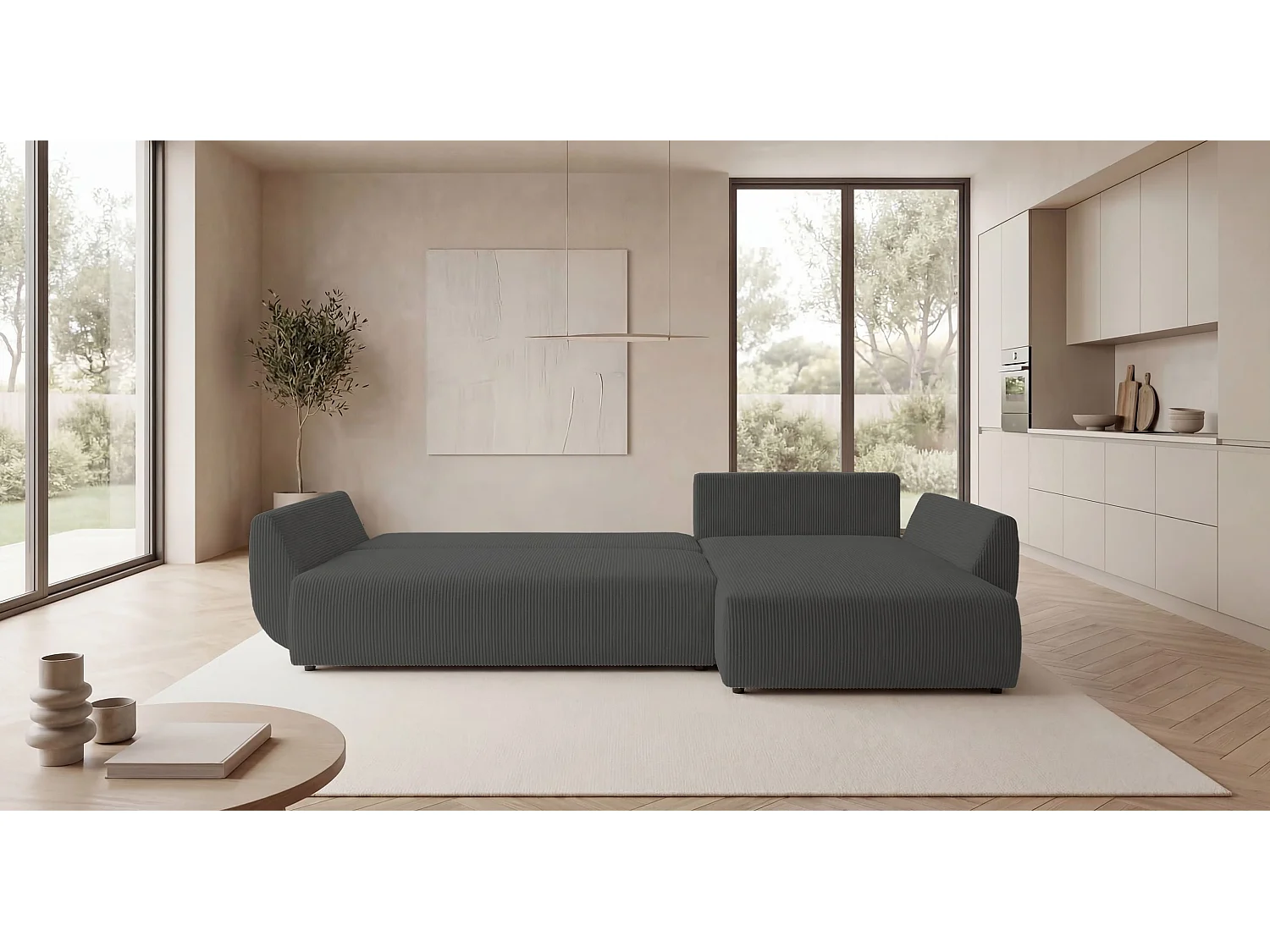 Canapé d'angle SYDNEY droit gris foncé velours côtelé Poso 60 - fonction couchage, coffre à literie