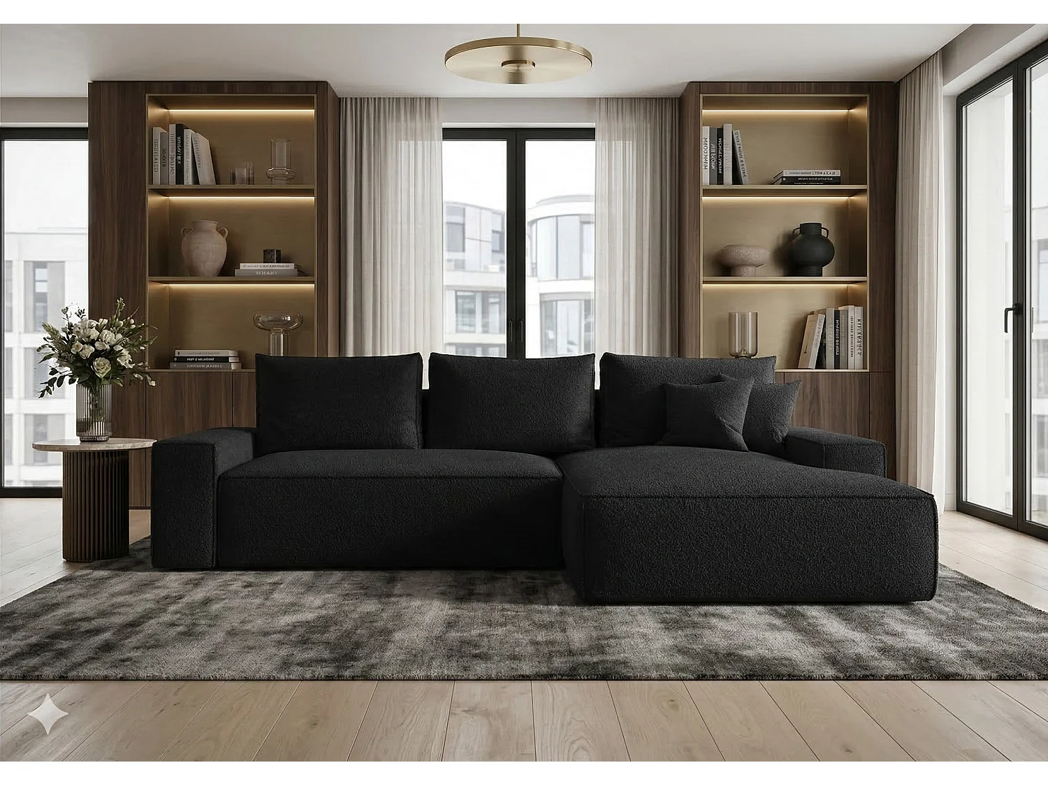 Canapé d’angle tissu bouclé convertible avec coffre NINA-Noir-angle droit