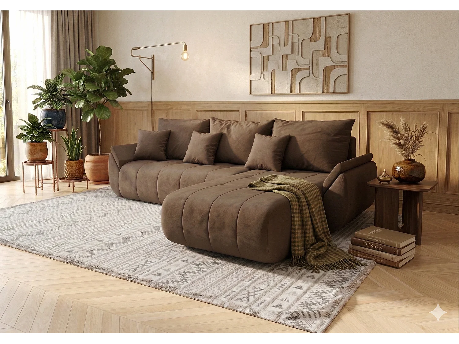 NOVA beige fluwelen hoekbank met slaapfunctie en opbergruimte-Bruin-juiste hoek