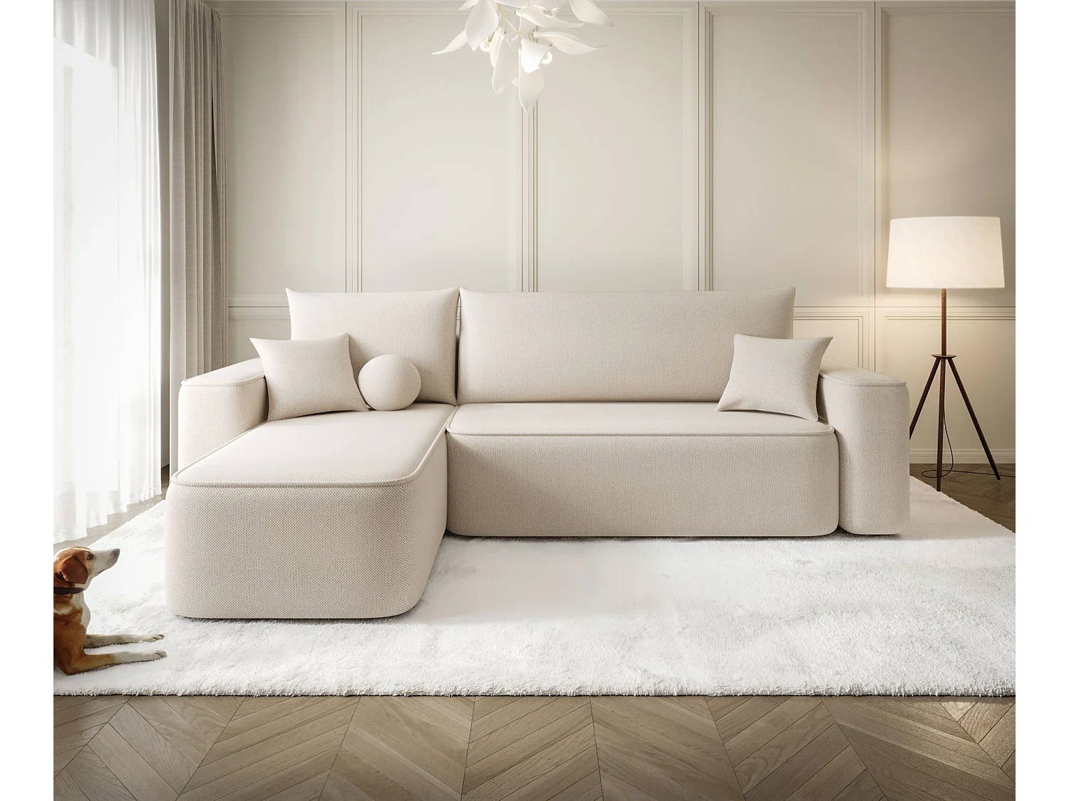 Canapé d'angle TEXAS gauche beige tricot Curio 9 - fonction couchage, coffre à literie