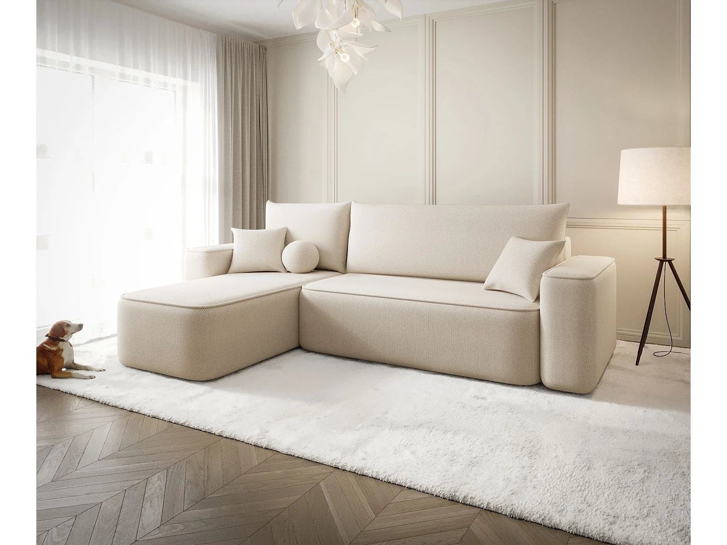 Canapé d'angle TEXAS gauche beige tricot Curio 9 - fonction couchage, coffre à literie