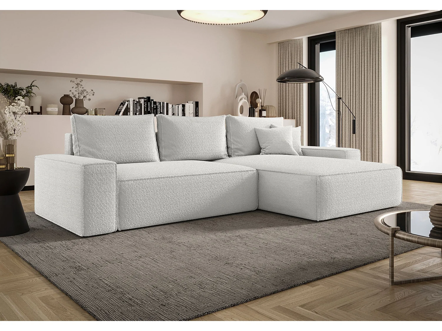 Canapé d'angle CALIFORNIA droit blanc Bukle Quelle 1 - fonction couchage, coffre à literie