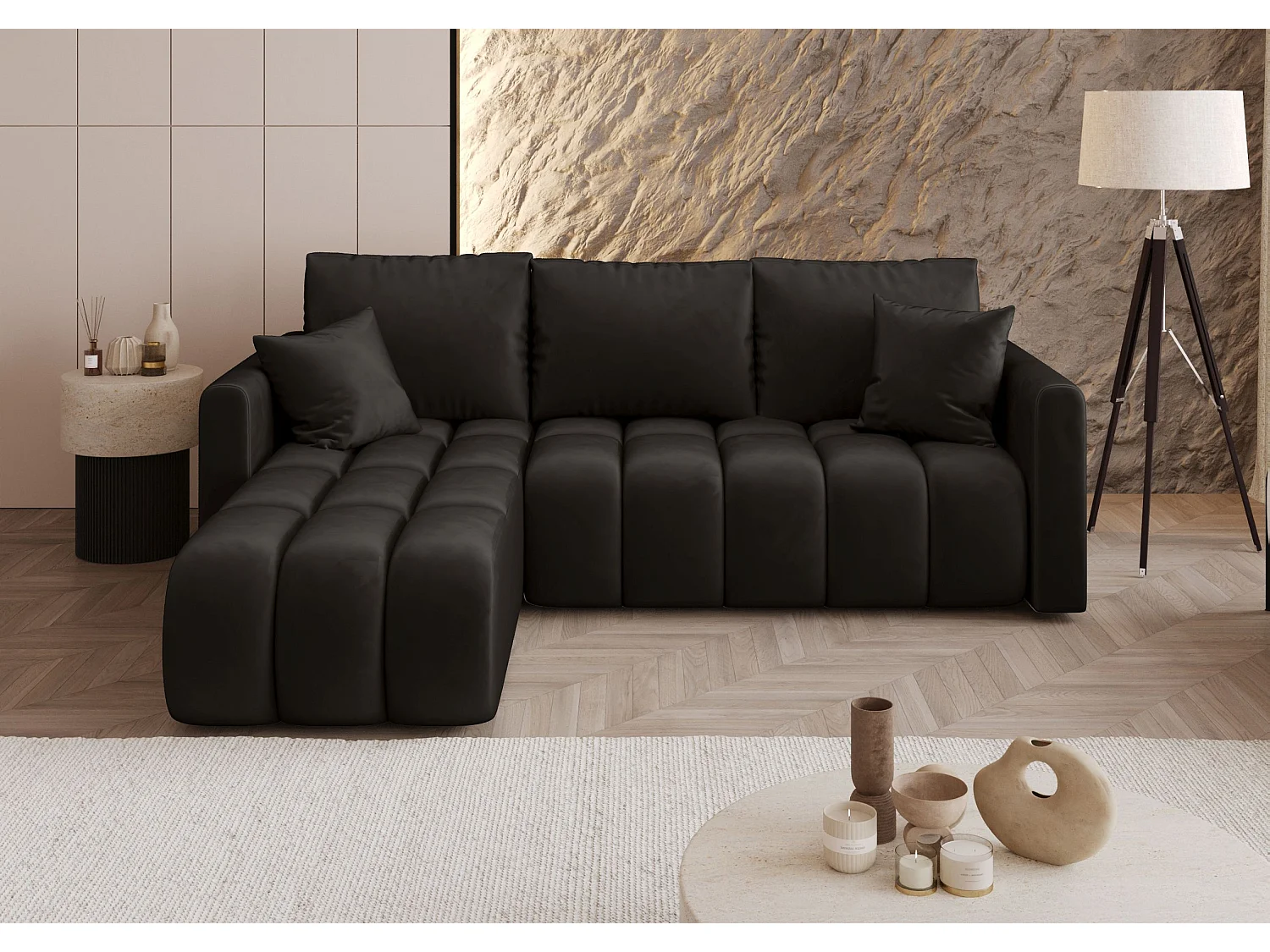 Canapé d'angle GARDA gauche noir velours Monolith 97 - fonction couchage, coffre à literie