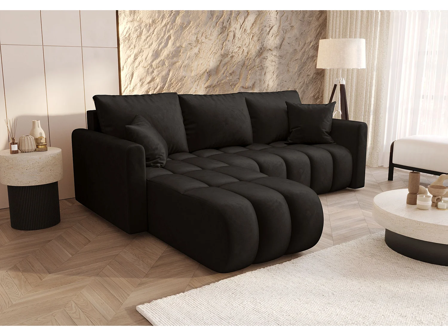 Canapé d'angle GARDA gauche noir velours Monolith 97 - fonction couchage, coffre à literie