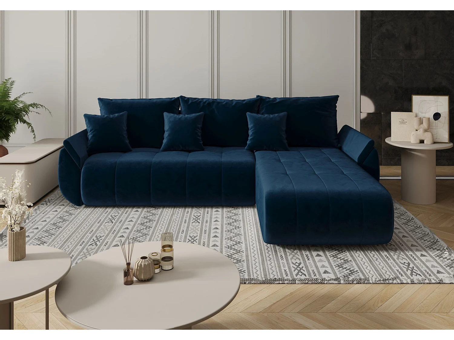 Canapé d'angle SYDNEY droit bleu foncé velours Monolith 77 - fonction couchage, coffre à literie