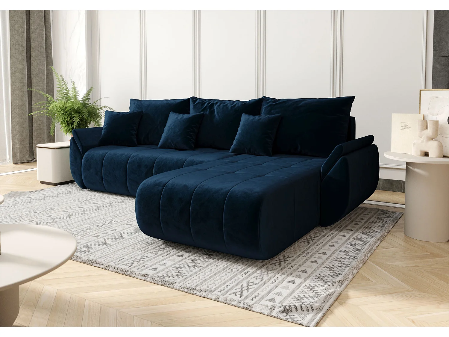 Canapé d'angle SYDNEY droit bleu foncé velours Monolith 77 - fonction couchage, coffre à literie