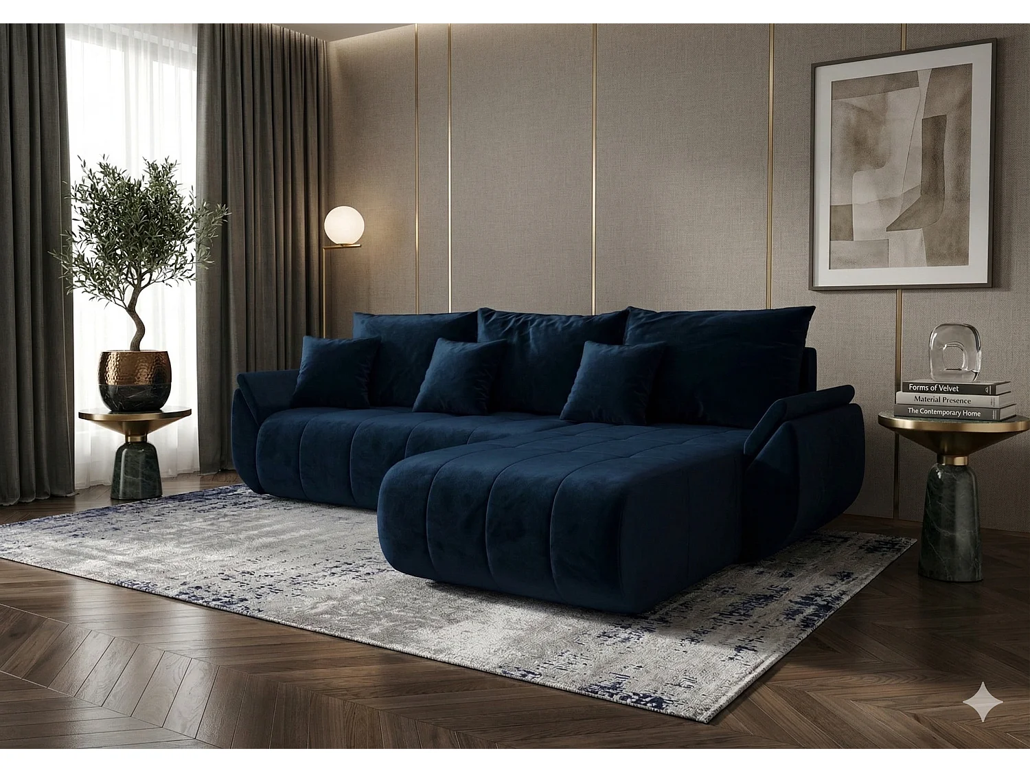 Canapé d’angle velours beige convertible avec coffre NOVA-Bleu foncé-angle droit
