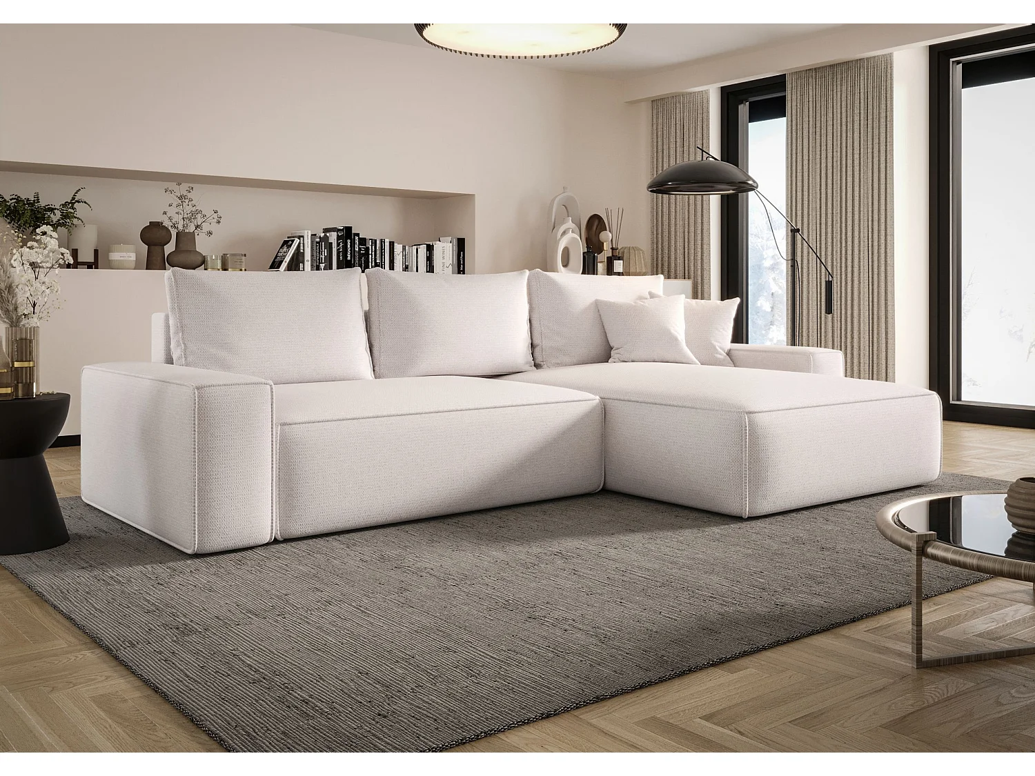 Canapé d'angle CALIFORNIA droit blanc tricot Aragon 1 - fonction couchage, coffre à literie