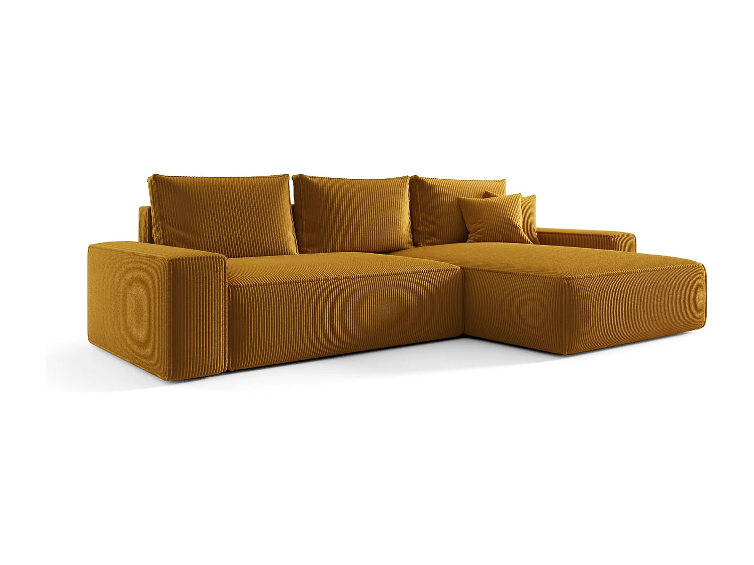 Canapé d'angle CALIFORNIA droit Pomaranczowy velours côtelé Poso 1 - fonction couchage, coffre à literie