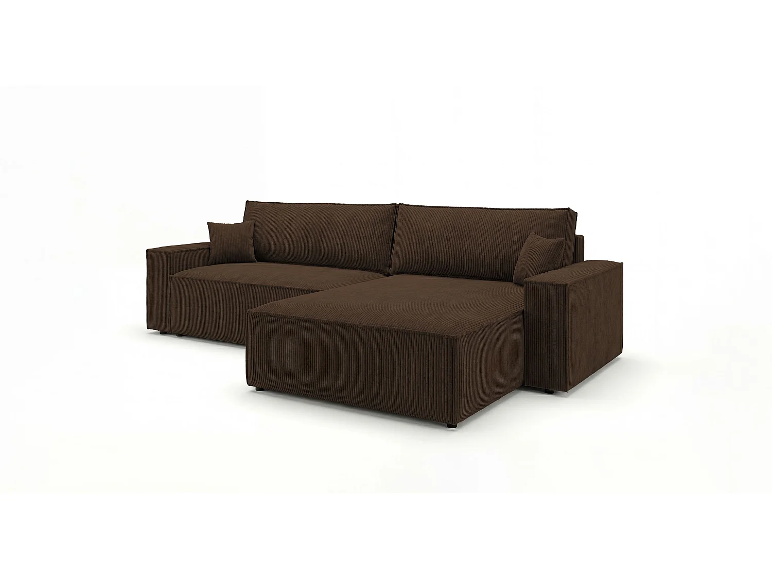 Canapé d'angle VIENNA droit marron velours côtelé Poso 6 - fonction couchage, coffre à literie