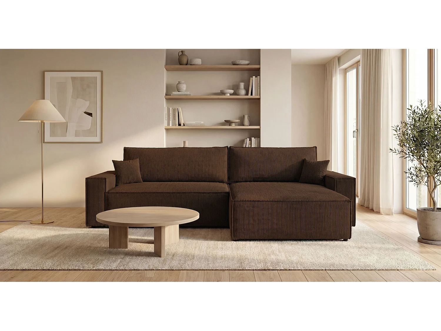 Canapé d'angle VIENNA droit marron velours côtelé Poso 6 - fonction couchage, coffre à literie