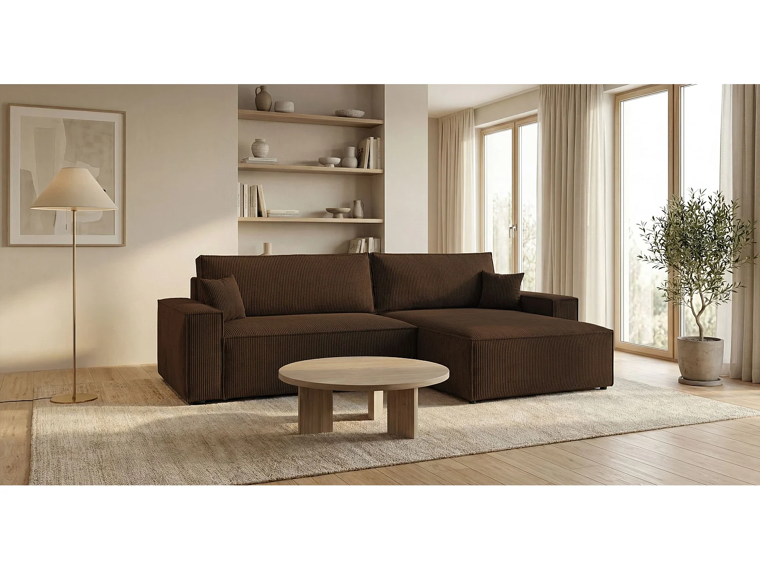 Canapé d'angle VIENNA droit marron velours côtelé Poso 6 - fonction couchage, coffre à literie