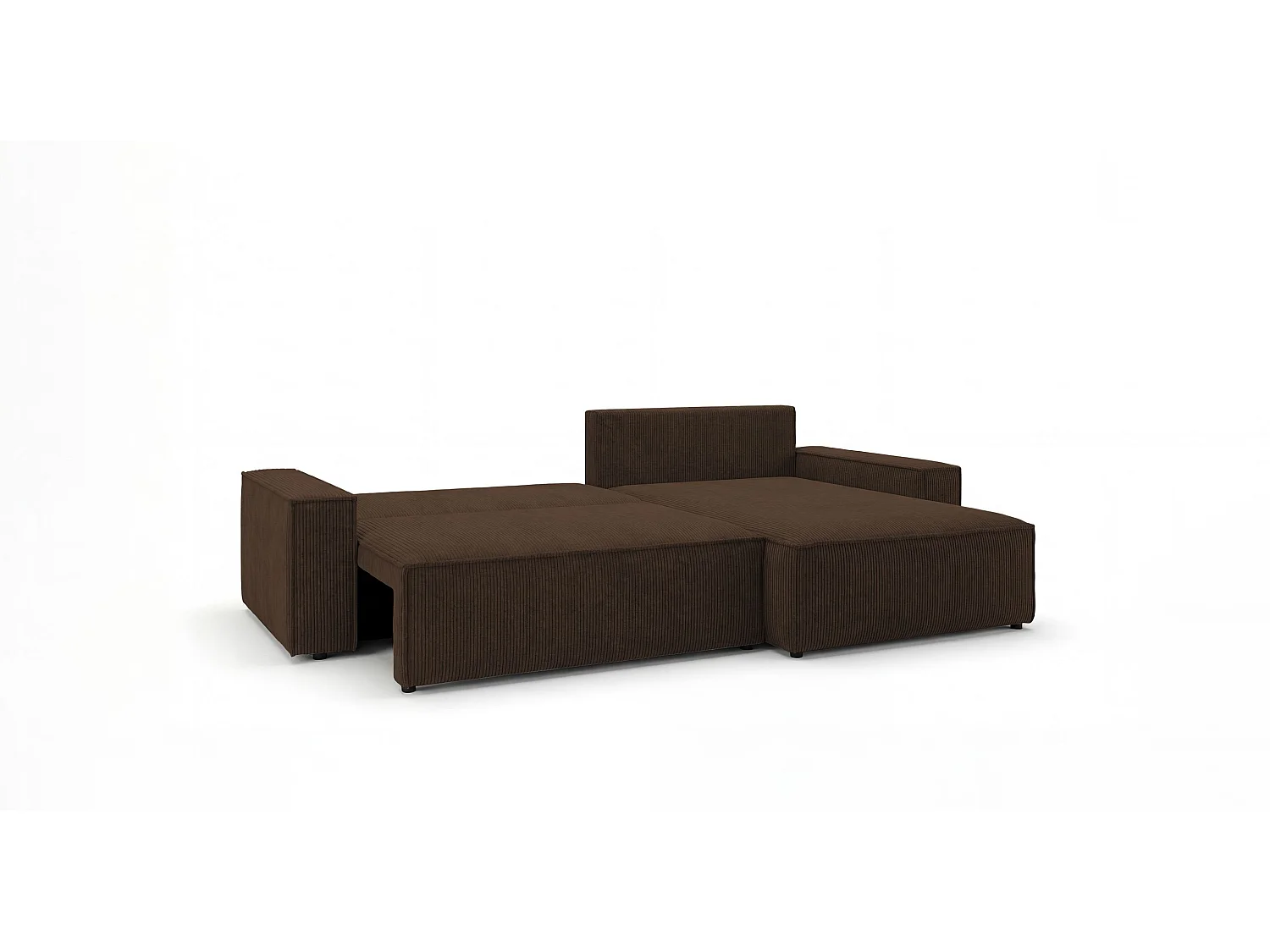 Canapé d'angle VIENNA droit marron velours côtelé Poso 6 - fonction couchage, coffre à literie