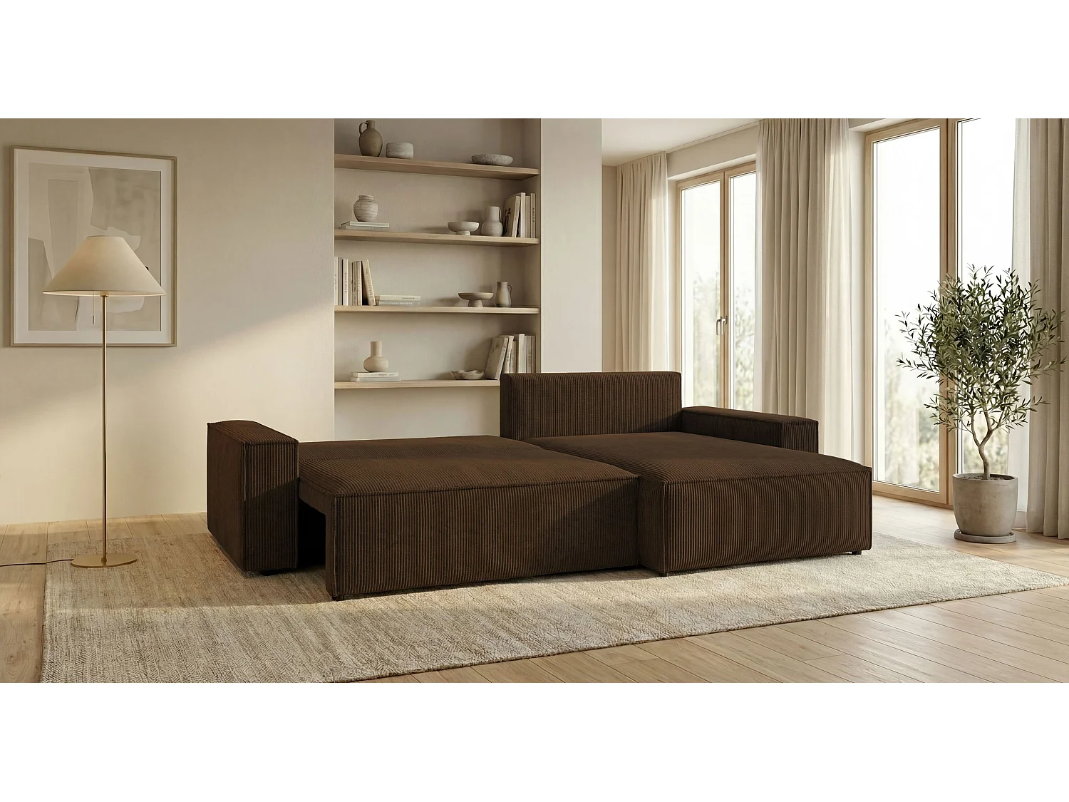 Canapé d'angle VIENNA droit marron velours côtelé Poso 6 - fonction couchage, coffre à literie