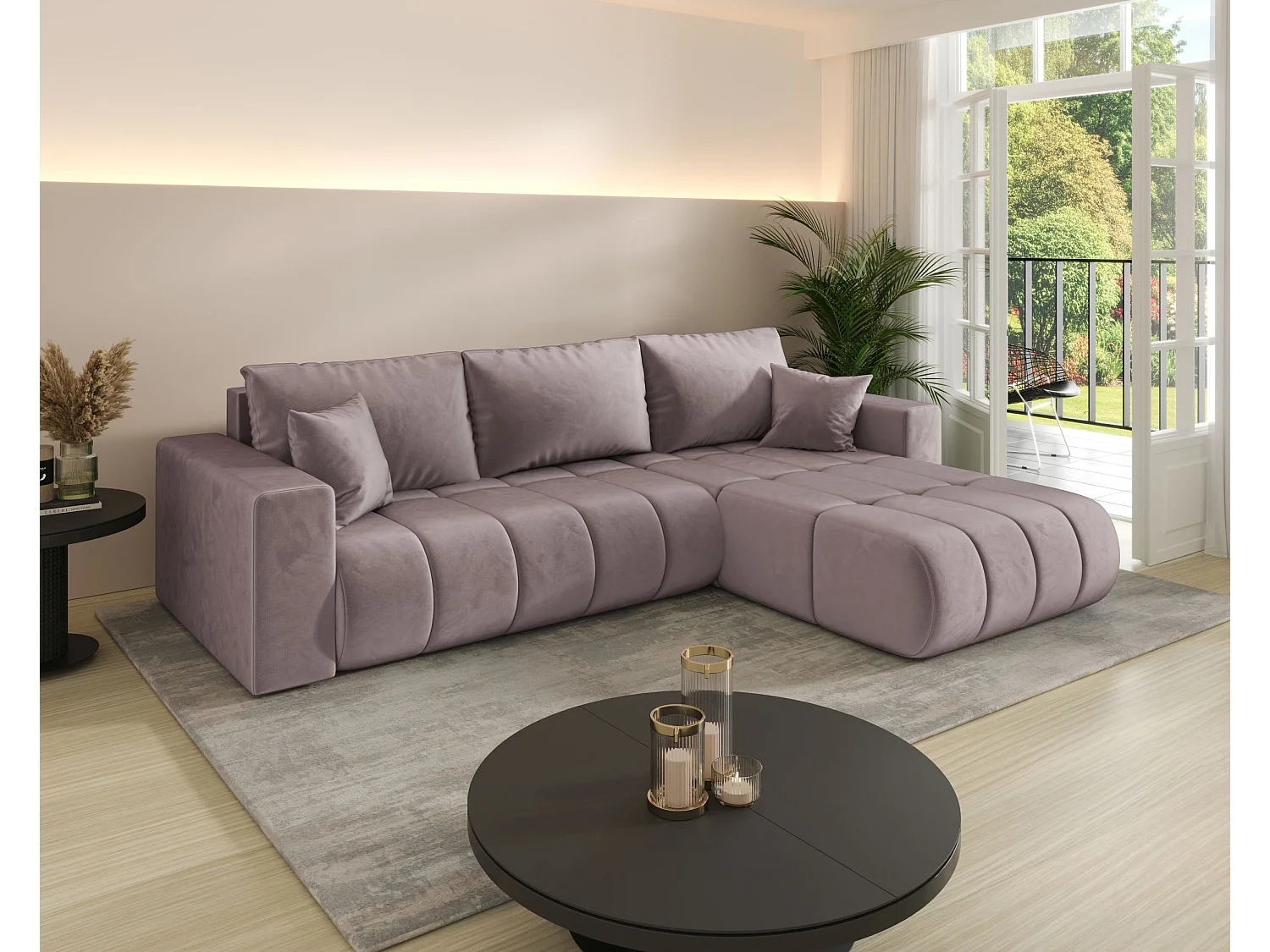 Canapé d'angle LARA PREMIUM droit rose foncé velours Monolith 62 - fonction couchage, coffre à literie