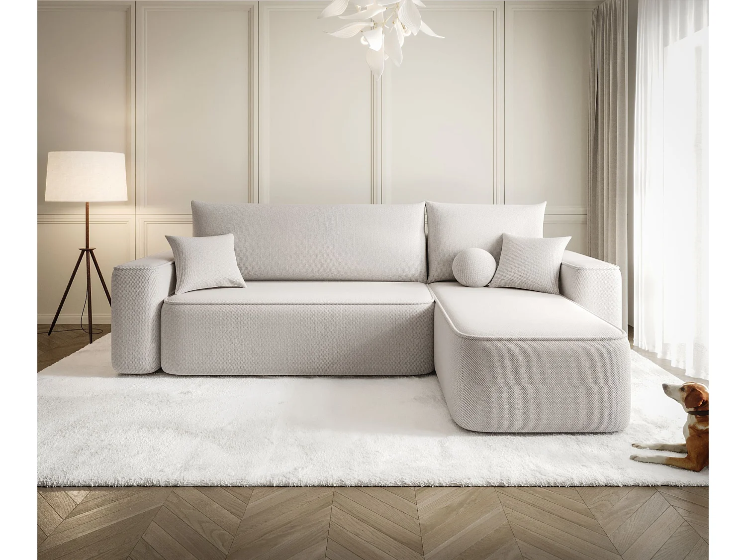 Canapé d'angle TEXAS droit beige clair tricot Curio 2 - fonction couchage, coffre à literie
