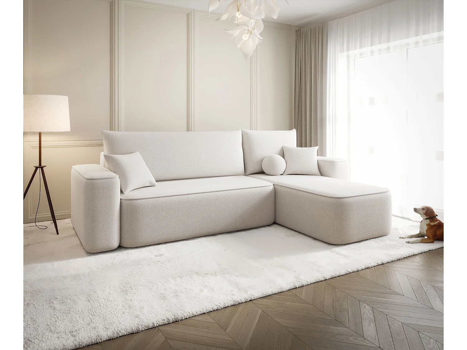 Canapé d'angle TEXAS droit beige clair tricot Curio 2 - fonction couchage, coffre à literie