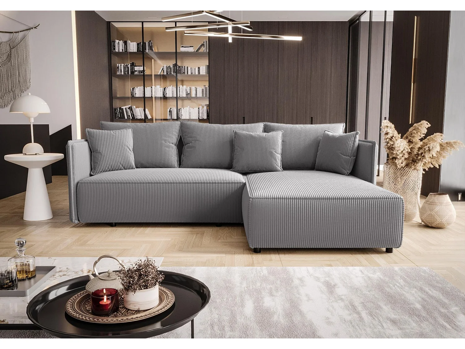 Canapé d'angle MILANO droit gris velours côtelé Poso 55 - fonction couchage, coffre à literie