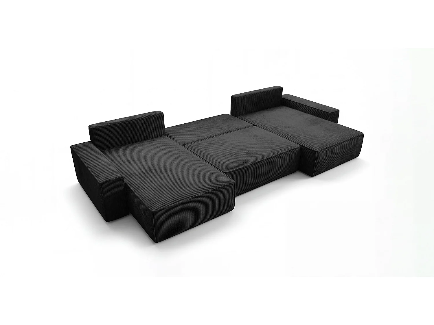 Canapé d'angle CALIFORNIA en U noir velours côtelé POSO 135 - fonction couchage, coffre à literie