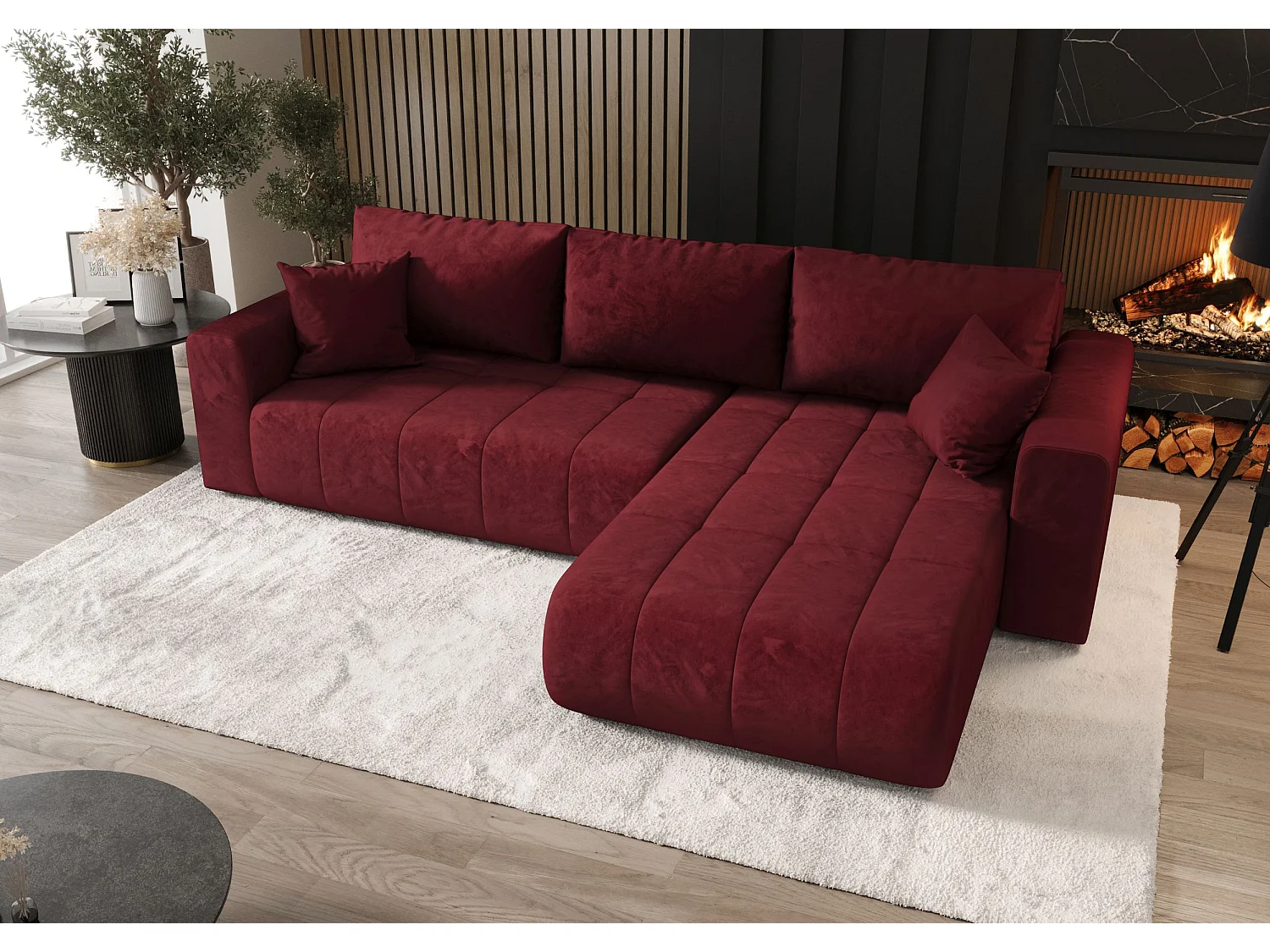 Canapé d'angle LARA droit rouge velours Monolith 59 - fonction couchage, coffre à literie