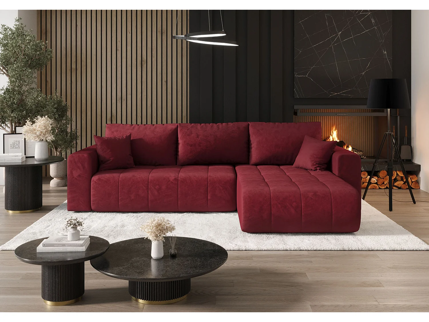 Canapé d'angle LARA droit rouge velours Monolith 59 - fonction couchage, coffre à literie