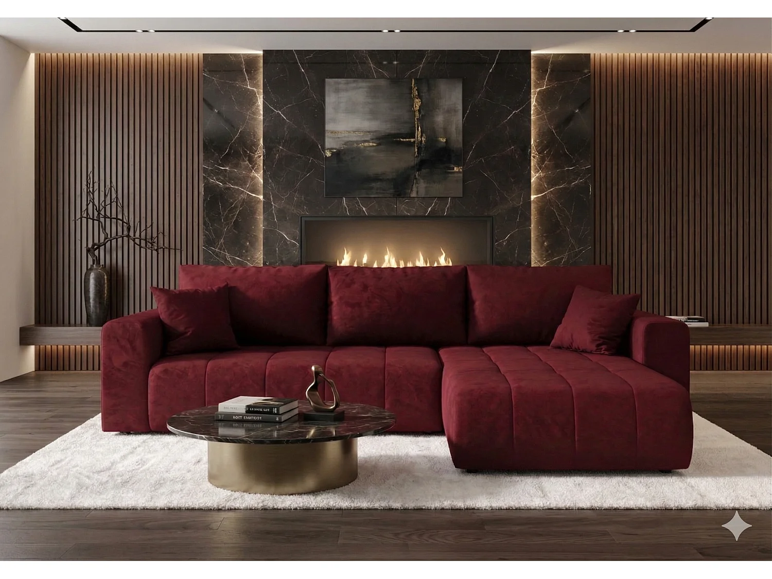 Canapé d'angle convertible en velours MILO-Rouge-angle droit